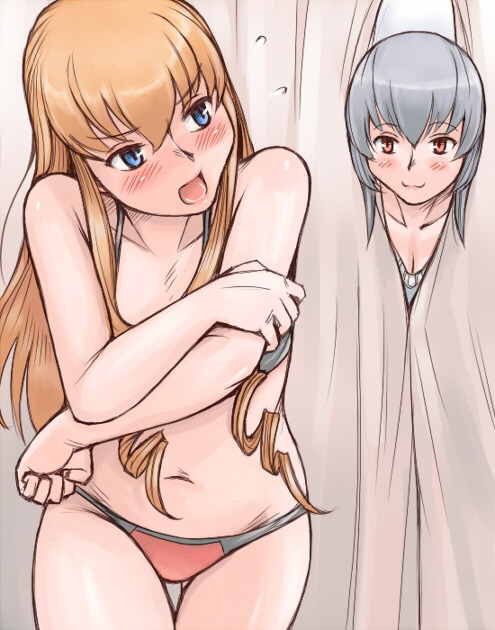 tsuda nanafushi, shinku, suigintou, rozen maiden, silver hair, revision, 00s, :3, aged up, bikini, blonde hair, blue eyes, blush, dressing, flat chest, peeking, surprised, swimsuit