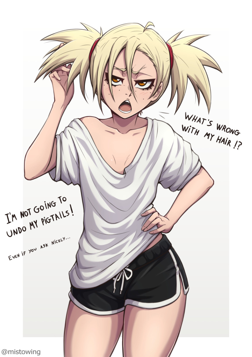 mistowing, sarugaki hiyori, bleach, 1girl, artist name, bare shoulders, blonde hair, border, brown eyes, collarbone, english text, female focus, freckles, hand on own hip, looking at viewer, medium hair, open mouth, shirt, simple background, solo, solo focus, standing, thighs, twitter username, white border