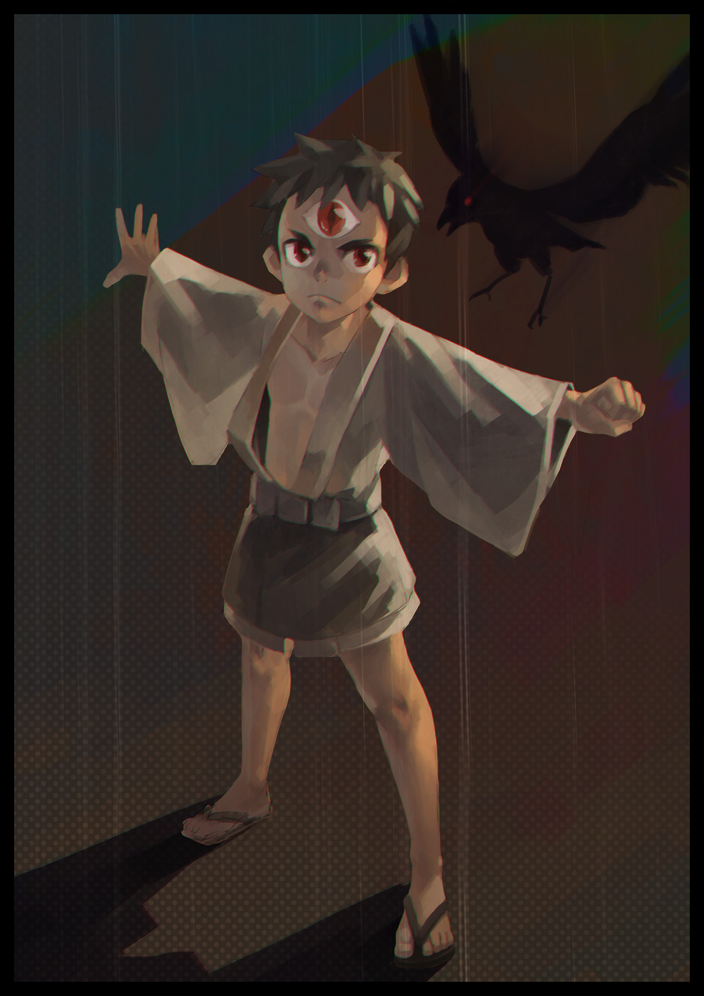 ryou hiryuu, original, 1boy, bird, border, male focus, open clothes, open shirt, red eyes, sandals, short hair, solo, standing, third eye