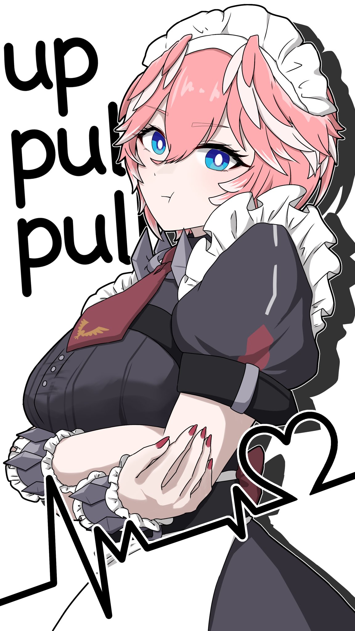 ringo 21 a, takane lui, hololive, commentary request, highres, 1girl, alternate costume, arms under breasts, black dress, blue eyes, breasts, bright pupils, closed mouth, cowboy shot, double-parted bangs, dress, enmaided, fingernails, frilled dress, frills, hair between eyes, head wings, large breasts, looking at viewer, maid, maid headdress, nail polish, necktie, pink hair, pout, red nails, red necktie, short hair, short sleeves, solo, virtual youtuber, white background, white pupils, wings