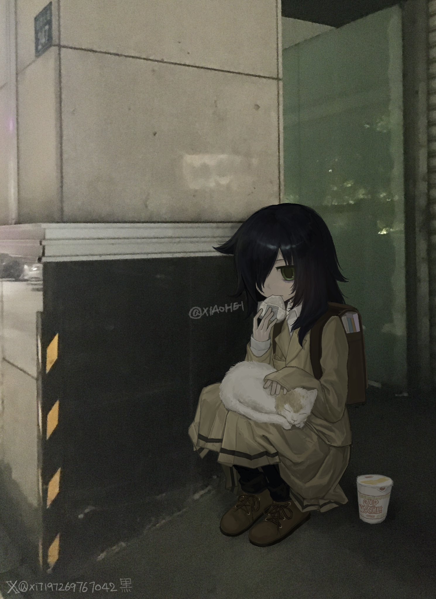 xi7197269767042, kuroki tomoko, watashi ga motenai no wa dou kangaetemo omaera ga warui!, commentary, highres, symbol-only commentary, 1girl, alley, animal, animal on lap, backpack, bag, bags under eyes, black hair, black pantyhose, blazer, brown bag, brown shoes, cat, eating, food, green eyes, hair over one eye, holding, holding food, instant cup noodles, jacket, long hair, long skirt, long sleeves, on lap, onigiri, pantyhose, petting, road, school uniform, shirt, shoes, skirt, sleeves past wrists, solo, squatting, street, twitter username, white shirt, yellow jacket, yellow skirt