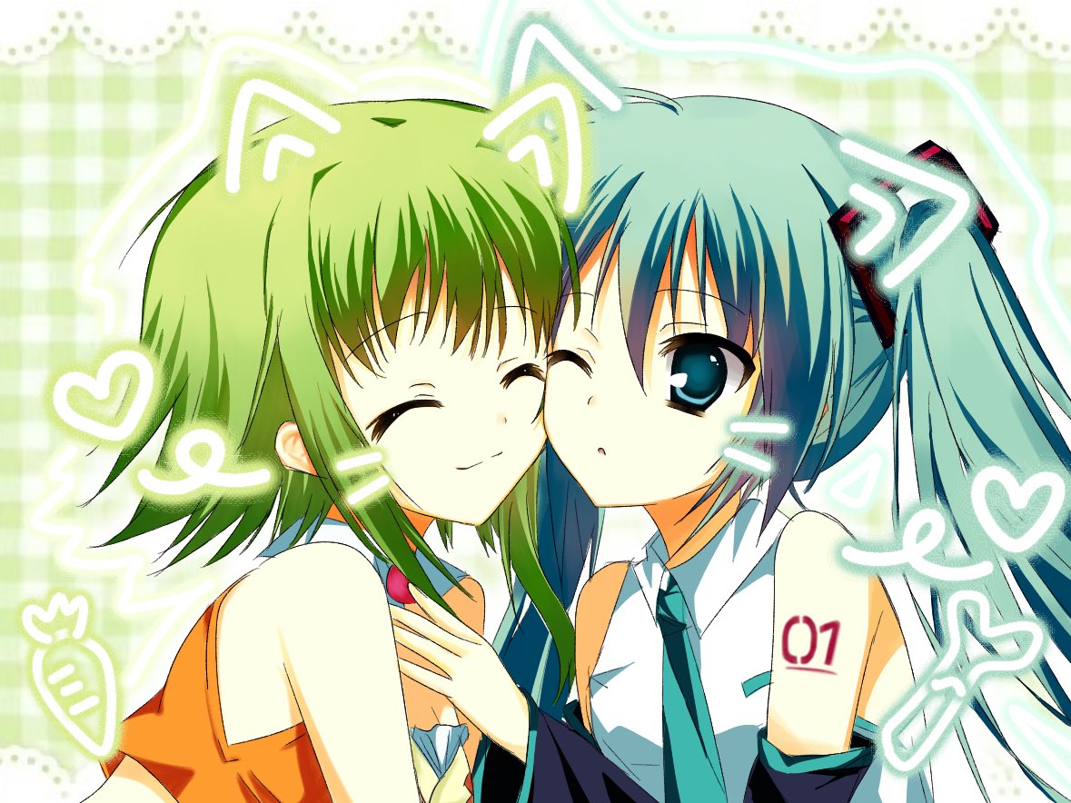 gumi, hatsune miku, vocaloid, commentary, symbol-only commentary, 2girls, animal ears, aqua eyes, aqua hair, aqua necktie, blue eyes, blue hair, carrot, cat ears, cheek-to-cheek, closed eyes, closed mouth, green hair, hair between eyes, hair ornament, heads together, heart, lace, long hair, looking at another, multiple girls, naivefatei (nemui), necktie, one eye closed, parted lips, shirt, short hair, shoulder tattoo, smile, spring onion, tattoo, twintails, upper body, very long hair, whiskers, white shirt