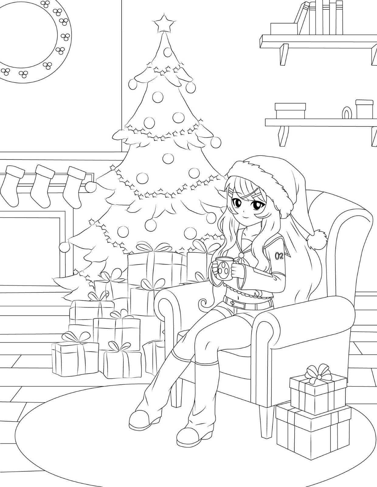 chloeakemi, akemithekitten, hoto cocoa, kagamine rin, original, christmas, christmas tree, gift, gift wrapping, happy, kagamine rin (cosplay), sitting, sketch