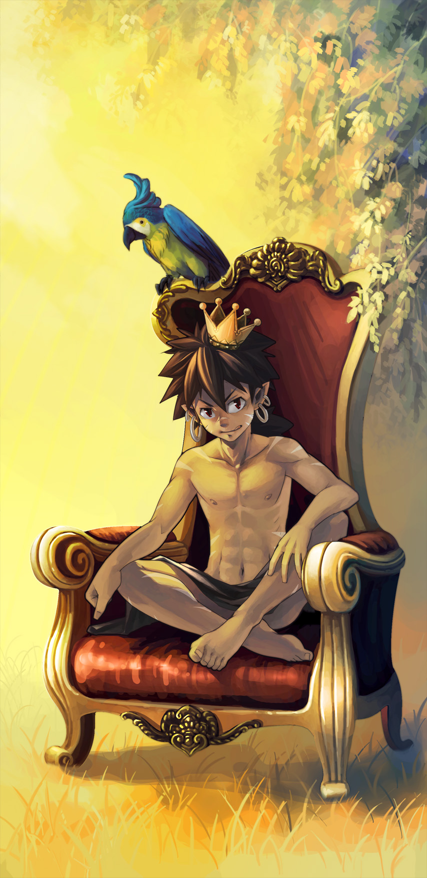 ryou hiryuu, original, 1boy, barefoot, bird, brown hair, crown, earrings, hoop earrings, jewelry, male focus, nipples, pointy ears, short hair, sitting, solo, tongue, tongue out, topless male, yellow background