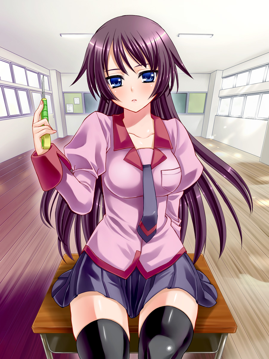 akito (ao's club), akito (artist), scholar (final fantasy), senjougahara hitagi, bakemonogatari, monogatari (series), highres, 00s, 1girl, blue eyes, blush, boxcutter, classroom, desk, female focus, indoors, long hair, necktie, purple hair, school, school desk, school uniform, sitting, skirt, solo, thighhighs, zettai ryouiki