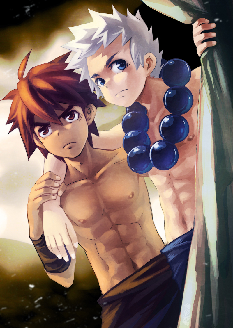 ryou hiryuu, original, 2boys, abs, arm around shoulder, bead necklace, beads, blue eyes, jewelry, male focus, multiple boys, necklace, nipples, red eyes, short hair, toned, toned male, topless male