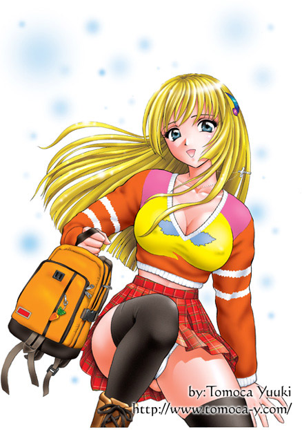 yuuki tomoka, 1girl, backpack, bag, blonde hair, blue eyes, breasts, cleavage, cross, curvy, female focus, jewelry, large breasts, necklace, panties, pantyshot, randoseru, skirt, smile, solo, sweater, thighhighs, underwear, upskirt, white panties