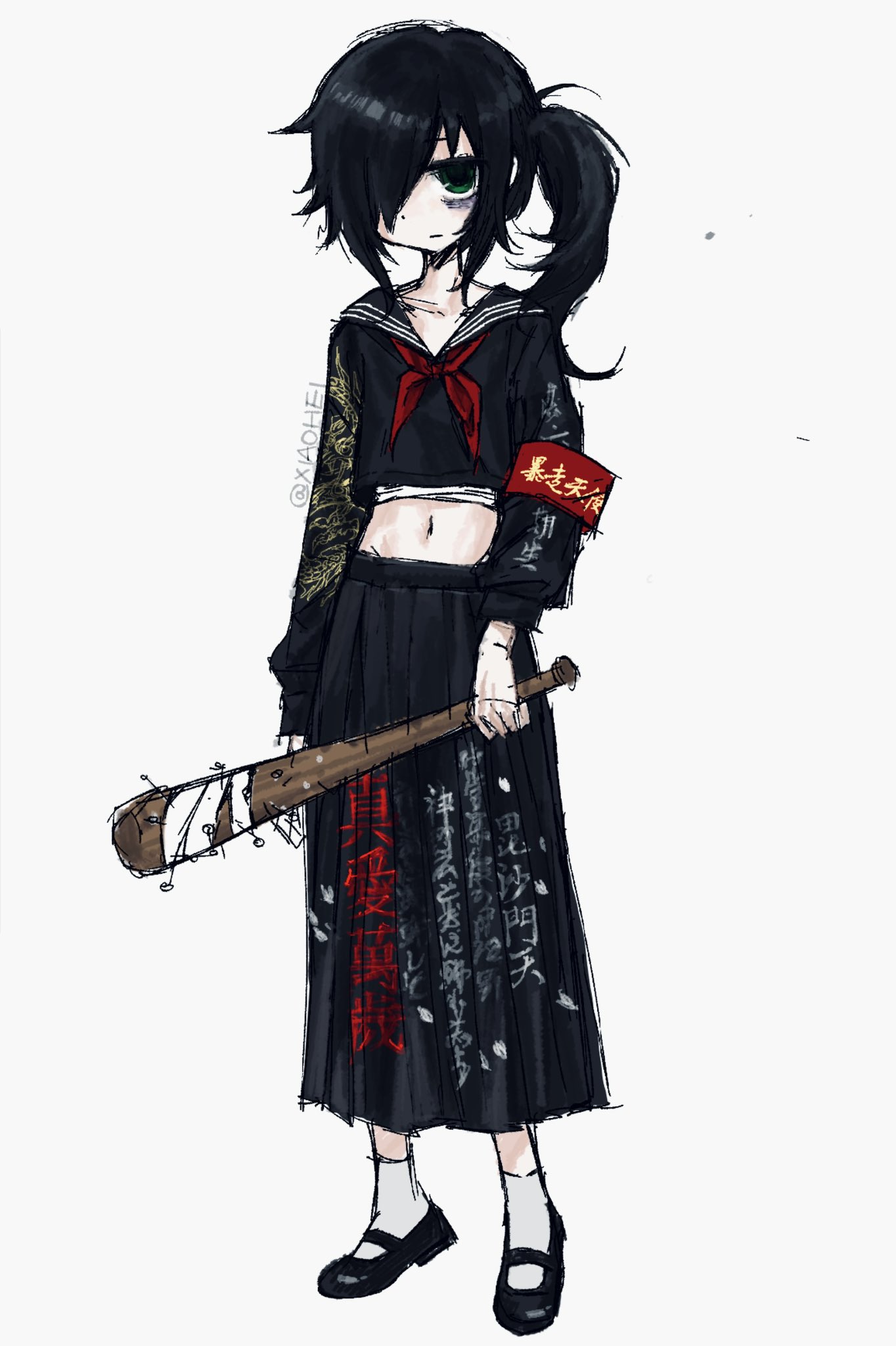 xi7197269767042, kuroki tomoko, watashi ga motenai no wa dou kangaetemo omaera ga warui!, highres, 1girl, alternate costume, ankle socks, armband, bags under eyes, baseball bat, black hair, black serafuku, black shoes, closed mouth, crop top, delinquent, dot nose, full body, green eyes, hair over one eye, holding, holding baseball bat, long hair, long skirt, long sleeves, looking at viewer, mary janes, midriff, nail (hardware), nail bat, navel, neckerchief, pleated skirt, red armband, red neckerchief, school uniform, serafuku, shoes, side ponytail, simple background, skirt, socks, solo, standing, sukeban, white background, white socks
