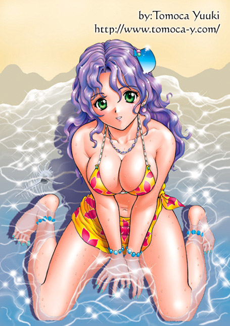 yuuki tomoka, 1girl, anklet, bare shoulders, barefoot, beach, bracelet, breasts, breasts squeezed together, cleavage, day, female focus, from above, gem, green eyes, jewelry, kneeling, large breasts, nail polish, necklace, outdoors, pearl (gemstone), purple hair, skirt, smile, solo, swimsuit, water, wet