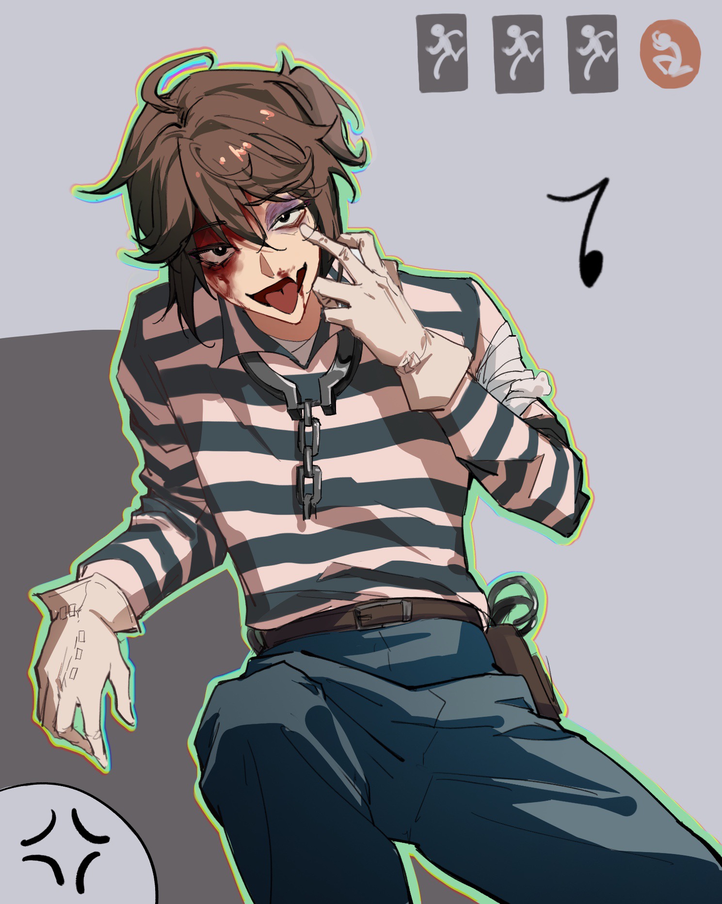 yinmeiyushi, luca balsa, identity v, highres, procreate (medium), 1boy, :d, ahoge, anger vein, aqua pants, blood, blood from forehead, blood from mouth, brown hair, bruise, bruised eye, chain, collar, cowboy shot, eyelid pull, fang, gloves, head tilt, injury, looking at viewer, male focus, metal collar, musical note, open mouth, pants, shirt, sitting, skin fang, smile, solo, striped clothes, striped shirt, white gloves