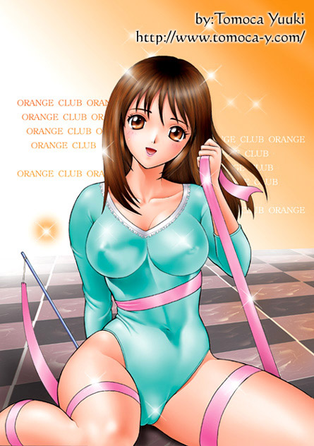 yuuki tomoka, 1girl, breasts, brown eyes, brown hair, cameltoe, checkered floor, covered erect nipples, curvy, entangled, female focus, floor, gymnastics, large breasts, leotard, open mouth, perspective, rhythmic gymnastics, ribbon, ribbon baton, sitting, smile, solo