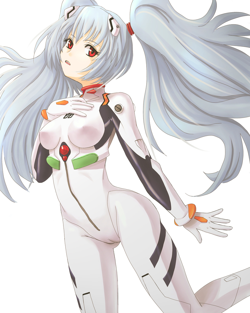 ebi tendon, ayanami rei, hoshino ruri, kidou senkan nadesico, neon genesis evangelion, 1girl, ayanami rei (cosplay), blue hair, breasts, cameltoe, cosplay, covered erect nipples, female focus, long hair, mecha pilot suit, plugsuit (evangelion), red eyes, simple background, small breasts, solo, twintails
