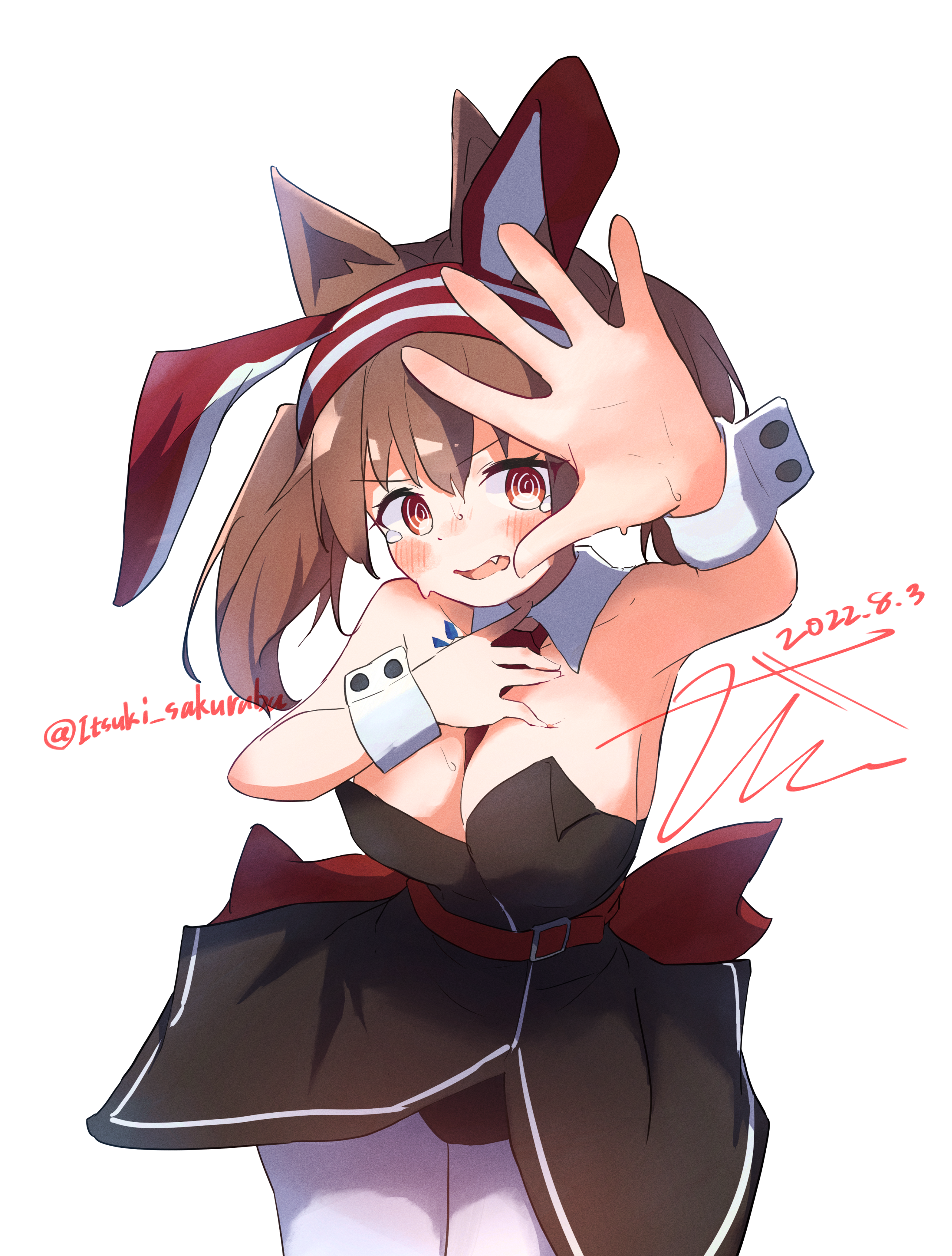 ouba itsuki, angelina (arknights), arknights, fire emblem, nintendo, absurdres, highres, 1girl, @ @, adapted costume, alternate breast size (larger), animal ear hairband, animal ears, bare shoulders, between breasts, black bodysuit, black dress, blush stickers, bodysuit, breasts, brown hair, cleavage, collar, dated, detached collar, dress, fake animal ears, foreshortening, fox ears, fox girl, hairband, large breasts, long hair, looking at viewer, material growth, necktie, necktie between breasts, nontraditional playboy bunny, oripathy lesion (arknights), outstretched hand, pantyhose, playboy bunny, rabbit ear hairband, rabbit ears, red eyes, red hairband, red necktie, short dress, simple background, solo, strapless, strapless dress, striped clothes, striped hairband, sweat, twintails, twitter username, two-tone hairband, white background, white collar, white pantyhose, white wrist cuffs, wrist cuffs