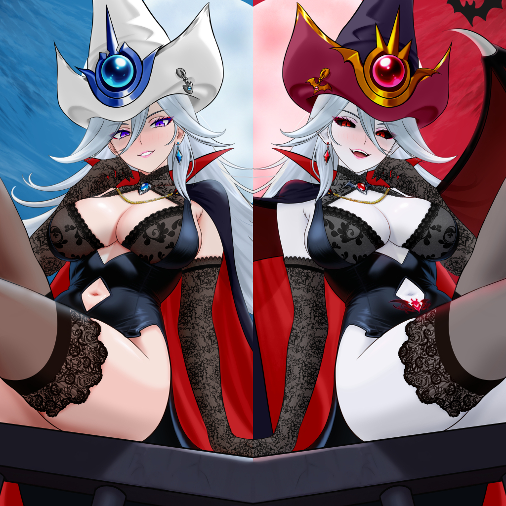 silent magician, yu-gi-oh!, bertstudent, black thighhighs, breasts, cape, cleavage, cleavage cutout, clothing cutout, colored skin, dark persona, demon wings, dual persona, duel monster, earrings, grey hair, grey skin, hair between eyes, hat, jewelry, large breasts, long hair, navel cutout, parted lips, purple eyes, red eyes, smile, thighhighs, two-tone hat, white hat, wings, wizard hat