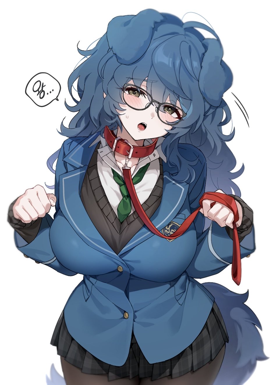 tsmkwa, aoba tsugumi, ensemble stars!, commentary, highres, symbol-only commentary, 1girl, animal ears, black pantyhose, black sweater, blue hair, blue jacket, blush, breasts, collar, cowboy shot, curly hair, dog ears, dog girl, dog tail, genderswap, genderswap (mtf), glasses, green necktie, head tilt, holding own leash, jacket, lapels, large breasts, layered shirt, leash, long hair, looking at viewer, miniskirt, motion lines, necktie, notched lapels, open mouth, pantyhose, paw pose, school uniform, shirt, skirt, sleeves past wrists, solo, sweat, sweater, tail, white background, white shirt, wide hips, yellow eyes, yumenosaki school uniform