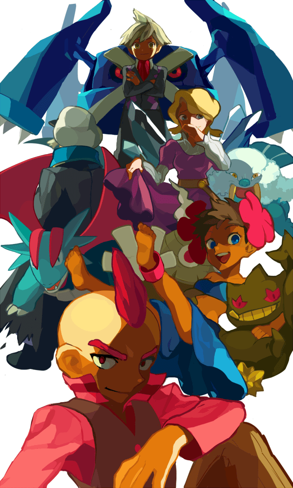 hoenn (jgm1102), ucchii, banette, drake (pokemon), dusclops, glacia (pokemon), metagross, phoebe (pokemon), salamence, sidney (pokemon), steven stone, walrein, nintendo, pokemon, pokemon rse, 00s, 2girls, 3boys, blonde hair, blue eyes, brown hair, coat, dark-skinned male, dark skin, dress, elite four, everyone, facial hair, formal clothes, gen 3 pokemon, hair ornament, hat, male focus, multiple boys, multiple girls, mustache, open mouth, pokemon (creature), red eyes, red hair, short hair, skirt, smile, trench coat, vest, white hair