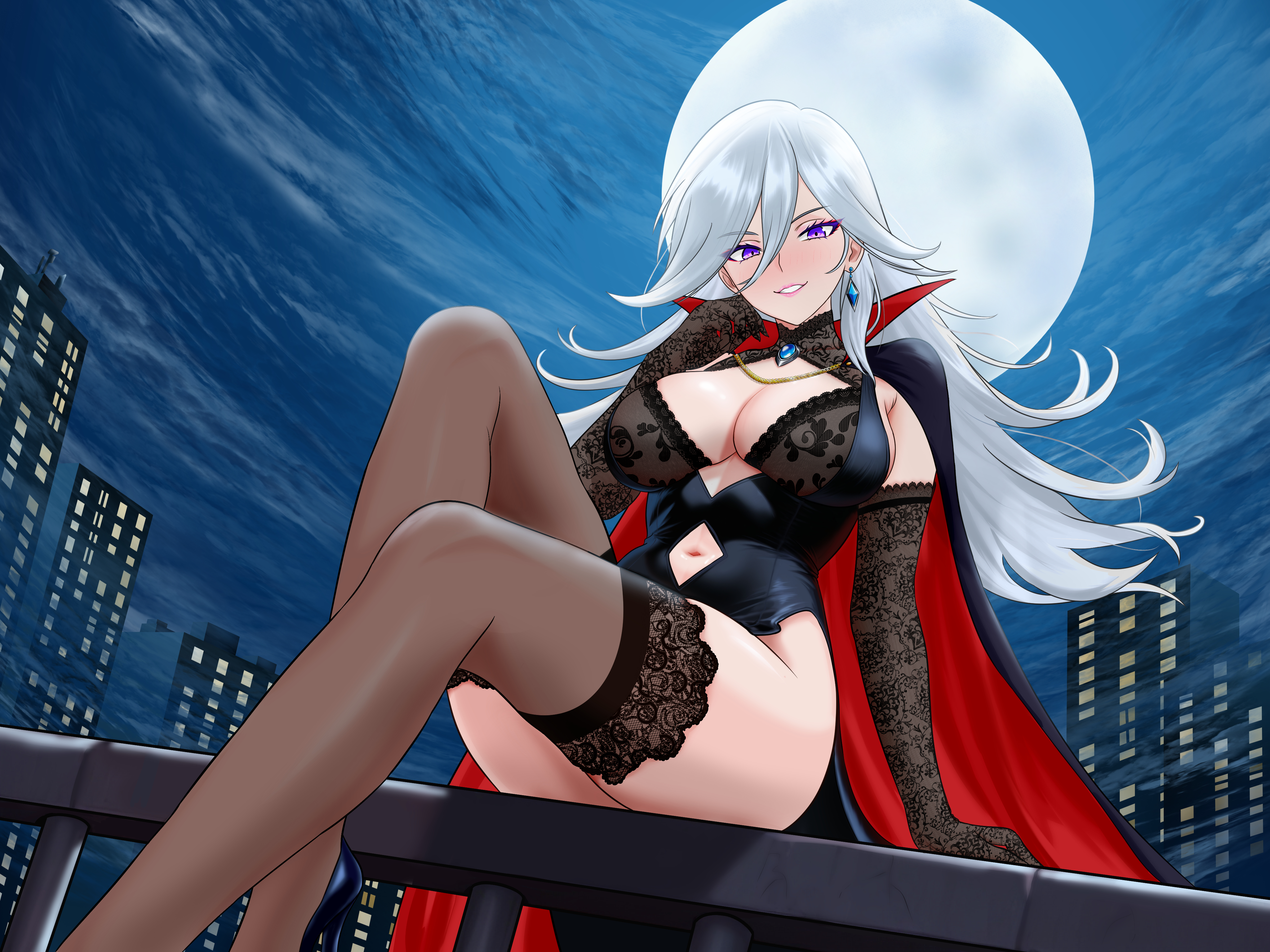 silent magician, yu-gi-oh!, absurdres, highres, 1girl, bertstudent, black gloves, black thighhighs, breasts, cape, cleavage, cleavage cutout, clothing cutout, duel monster, earrings, elbow gloves, gloves, hair between eyes, jewelry, large breasts, looking at viewer, moon, navel cutout, night, night sky, parted lips, purple eyes, sitting, sky, thighhighs, two-tone cape
