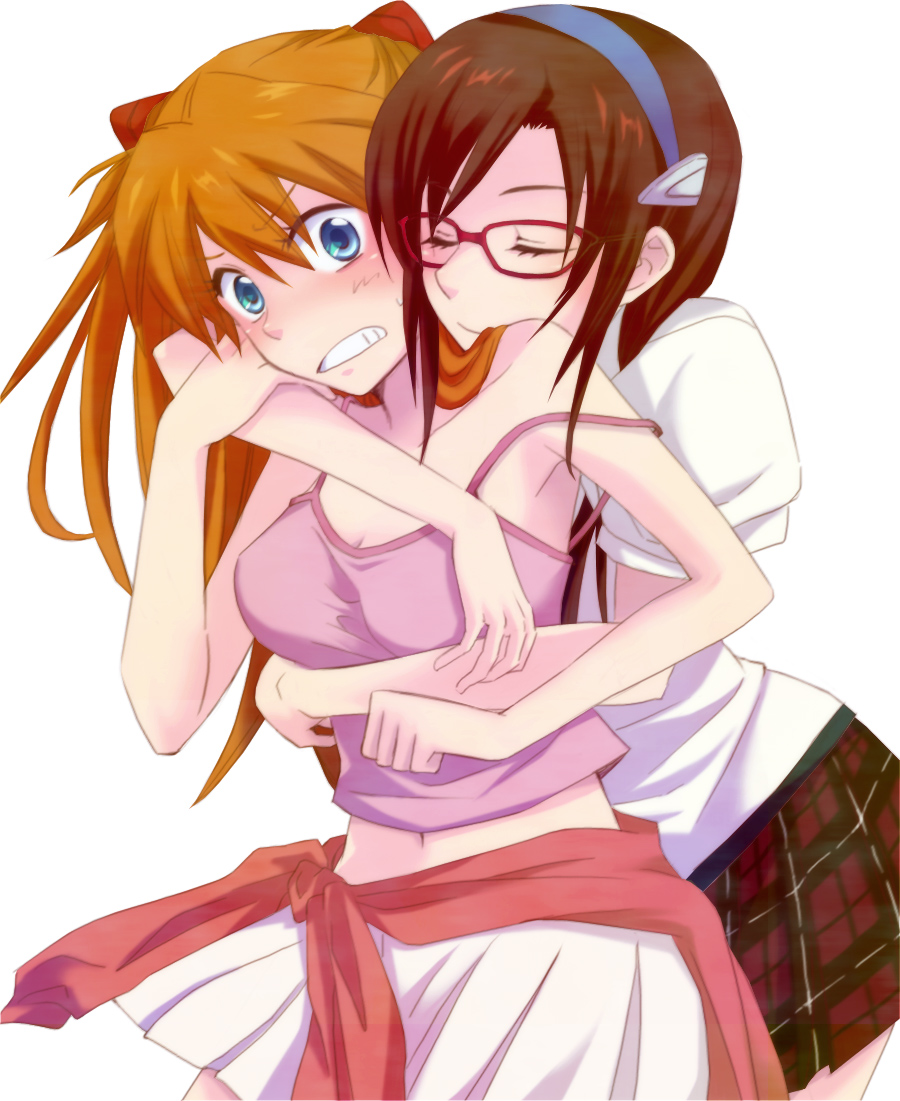 ebimayo, makinami mari illustrious, souryuu asuka langley, evangelion: 2.0 you can (not) advance, neon genesis evangelion, rebuild of evangelion, 00s, 2girls, blue eyes, breasts, brown hair, cleavage, clenched teeth, closed eyes, clothes around waist, glasses, hairband, hug, long hair, medium breasts, midriff, multiple girls, navel, orange hair, plaid clothes, plaid skirt, pleated skirt, skirt, smile, strap slip, sweater, sweater around waist, teeth, white skirt, yuri
