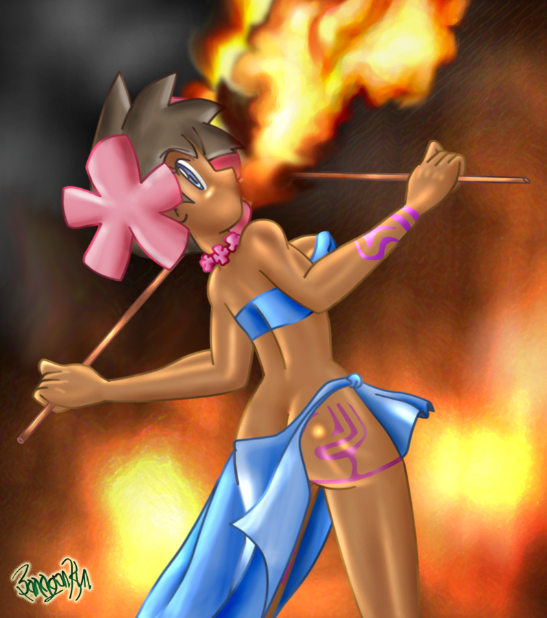 phoebe (pokemon), nintendo, pokemon, bad id, bad pixiv id, 1girl, ass, blue eyes, brown hair, butt crack, dark-skinned female, dark skin, elite four, female focus, fire, flower, from behind, long skirt, looking at viewer, looking back, no panties, purple eyes, short hair, skirt, solo, standing, tattoo