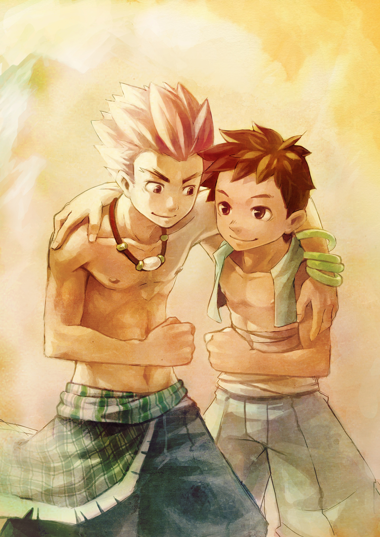 ryou hiryuu, original, 2boys, bandaged chest, bracelet, fist bump, jewelry, male focus, multiple boys, necklace, nipples, open clothes, open vest, pants, short hair, smile, topless male, vest