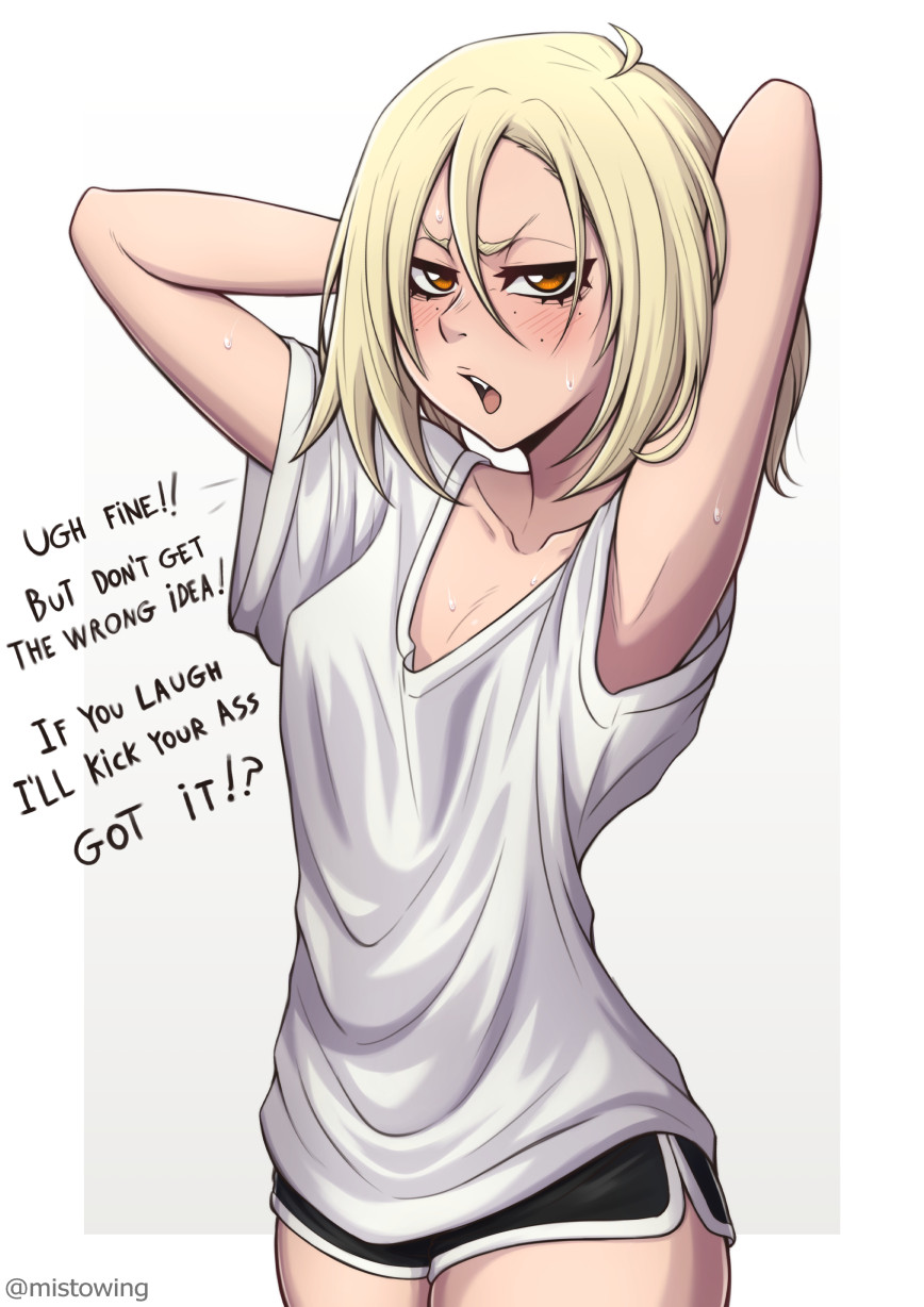 mistowing, sarugaki hiyori, bleach, 1girl, arms behind head, artist name, bare shoulders, blonde hair, border, breasts, brown eyes, collarbone, english text, female focus, freckles, hair down, hand on own hip, looking at viewer, medium hair, open mouth, shirt, simple background, small breasts, solo, solo focus, standing, thighs, twitter username, white border