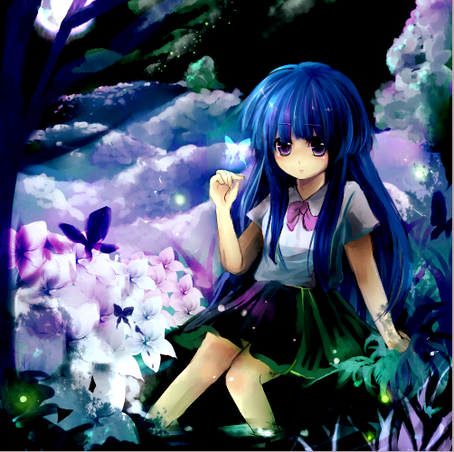 nishikawa (fe), furude rika, higurashi no naku koro ni, bad id, bad pixiv id, 00s, 1girl, blue hair, bow, bug, butterfly, female focus, flower, insect, long hair, pink bow, purple eyes, solo, submerged, water