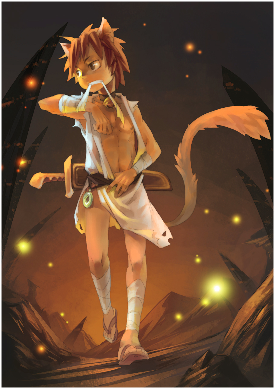 ryou hiryuu, original, 1boy, animal ears, bandages, male focus, open clothes, sandals, short hair, solo, sword, sword on back, tail, weapon, weapon on back