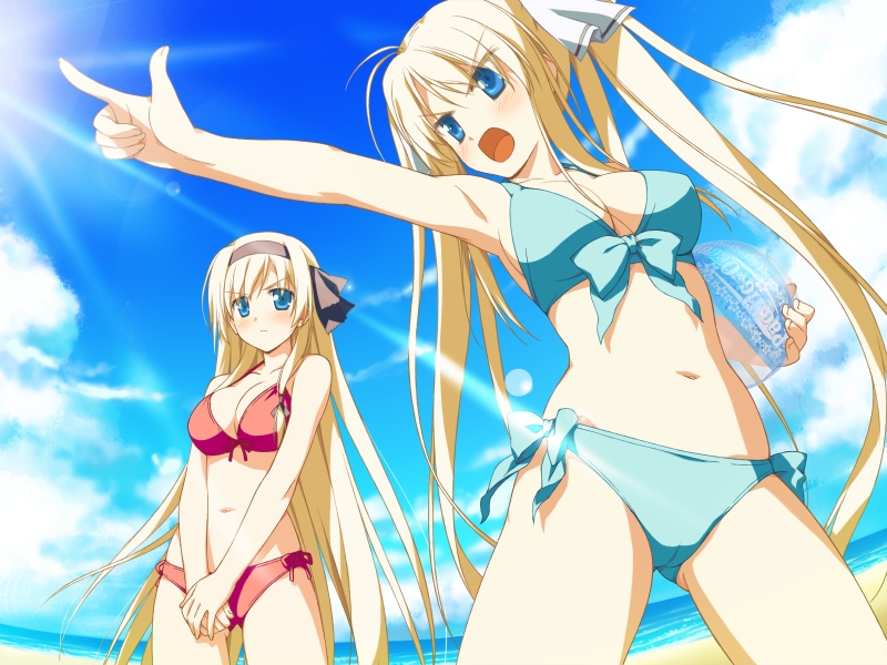 shida kazuhiro, hisakaki komomo, hisakaki kosame, hoshizora no memoria, game cg, non-web source, 2girls, ball, beach, beachball, bikini, blonde hair, cameltoe, day, fisheye, front-tie top, green eyes, hairband, lens flare, light rays, long hair, multiple girls, navel, open mouth, outdoors, pointing, siblings, side-tie bikini bottom, sisters, sunbeam, sunlight, swimsuit, twins, twintails, very long hair