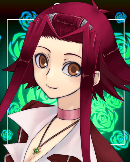 shiraki, shirojiro shiro, izayoi aki, yu-gi-oh!, yu-gi-oh! 5d's, 00s, brown eyes, jewelry, long hair, necklace, red hair, short hair with long locks, smile, solo