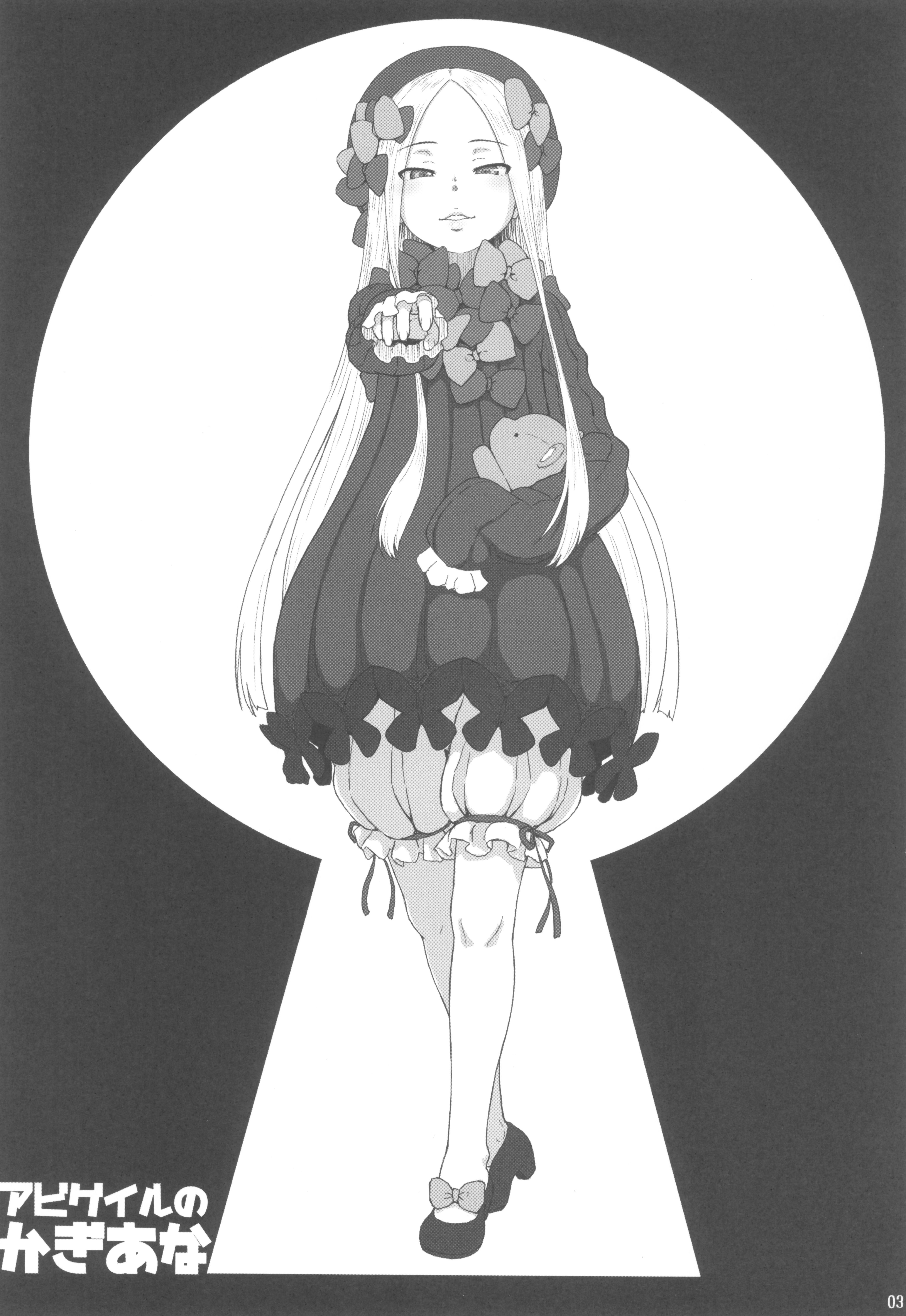 minazuki tsuyuha, abigail williams (fate), abigail williams (first ascension) (fate), fate/grand order, fate (series), absurdres, highres, scan, 1girl, bloomers, blush, bow, dress, full body, greyscale, hair bow, hat, keyhole, monochrome, multiple hair bows, parted lips, pointing, pointing at viewer, smile, solo, stuffed animal, stuffed toy, teddy bear, underwear