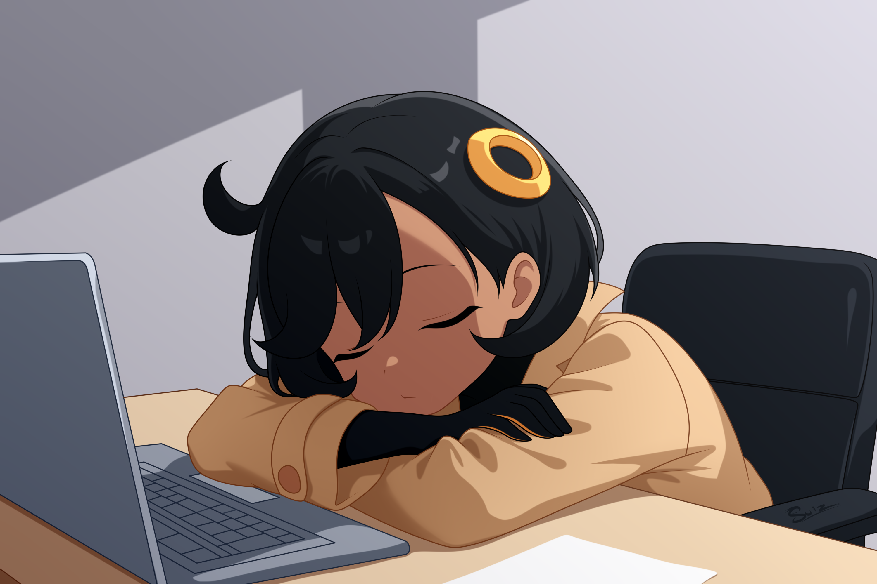 su1zide, emma (pokemon), nintendo, pokemon, pokemon legends: z-a, highres, 1girl, black hair, brown jacket, chair, closed eyes, computer, desk, jacket, laptop, office chair, short hair, sleeping, sleeping on desk, sleeping upright, solo, swivel chair