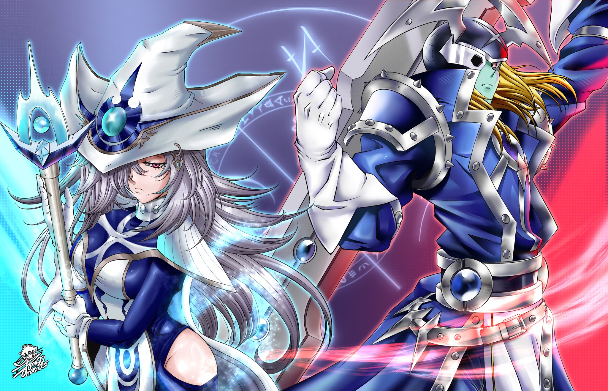 zombiemasta99, silent magician, silent swordsman, yu-gi-oh!, highres, 1boy, 1girl, armor, blonde hair, clothing cutout, colored skin, duel monster, fake horns, gloves, green skin, grey hair, hat, helmet, hip vent, holding, holding staff, holding sword, holding weapon, horned helmet, horns, purple eyes, shoulder armor, signature, staff, sword, tabard, weapon, white gloves, white hat, white tabard, wizard hat