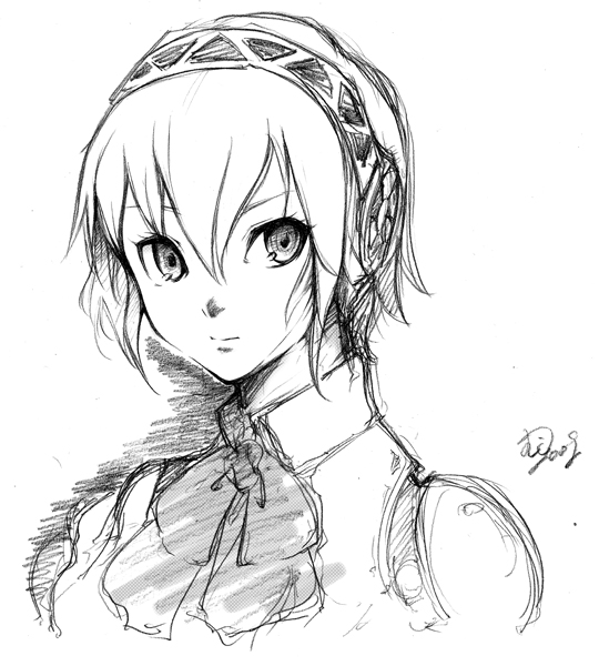 muku (komainu), aigis (persona), atlus, persona, persona 3, 1girl, bow, female focus, greyscale, monochrome, short hair, sketch, solo, white background