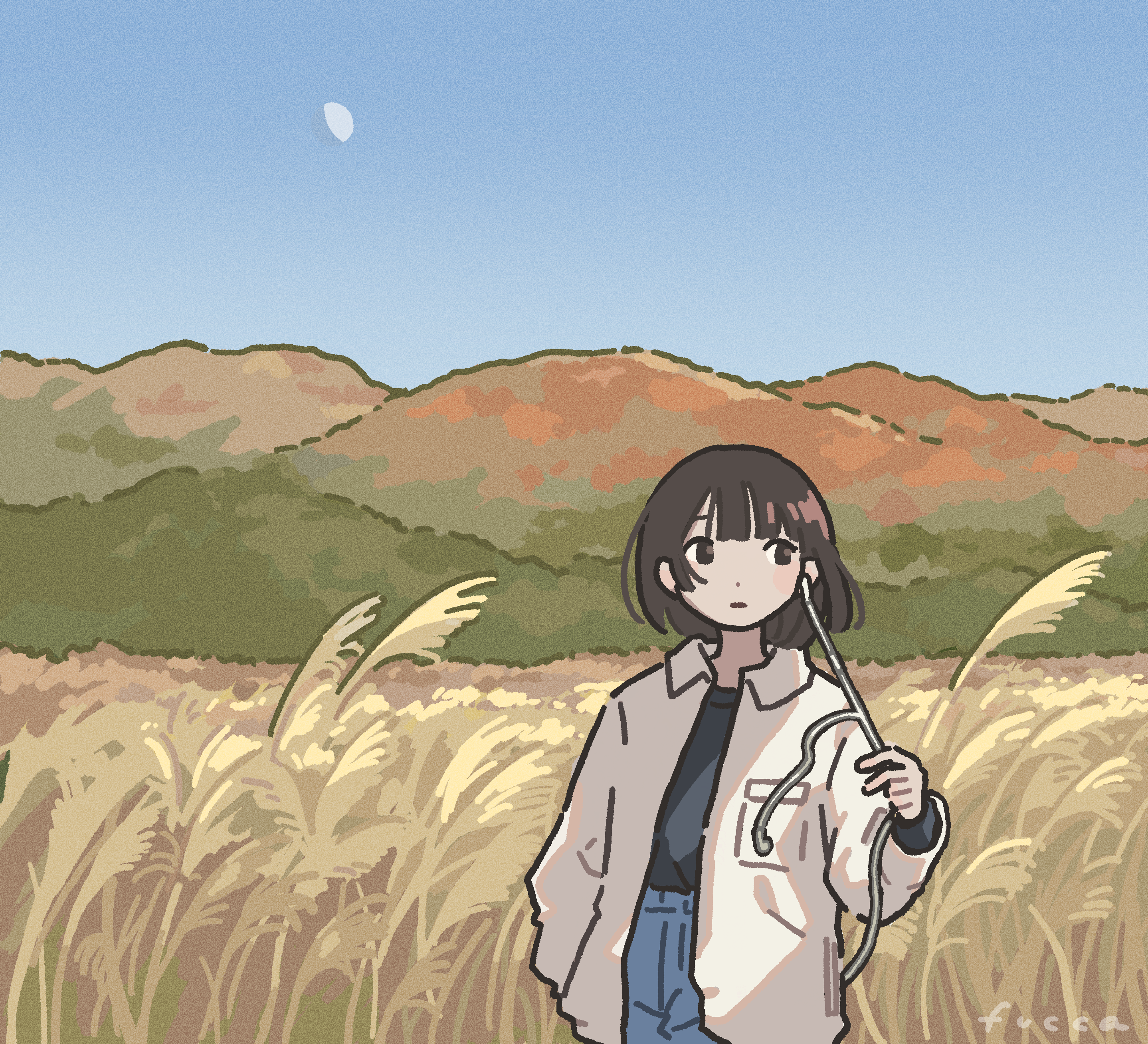 fucca, original, absurdres, highres, 1girl, autumn, black shirt, brown eyes, brown hair, cable, closed mouth, earbuds, earphones, holding, holding cable, jacket, long sleeves, moon, open clothes, open jacket, outdoors, scenery, shirt, sideways glance, standing, susuki grass, upper body, white jacket