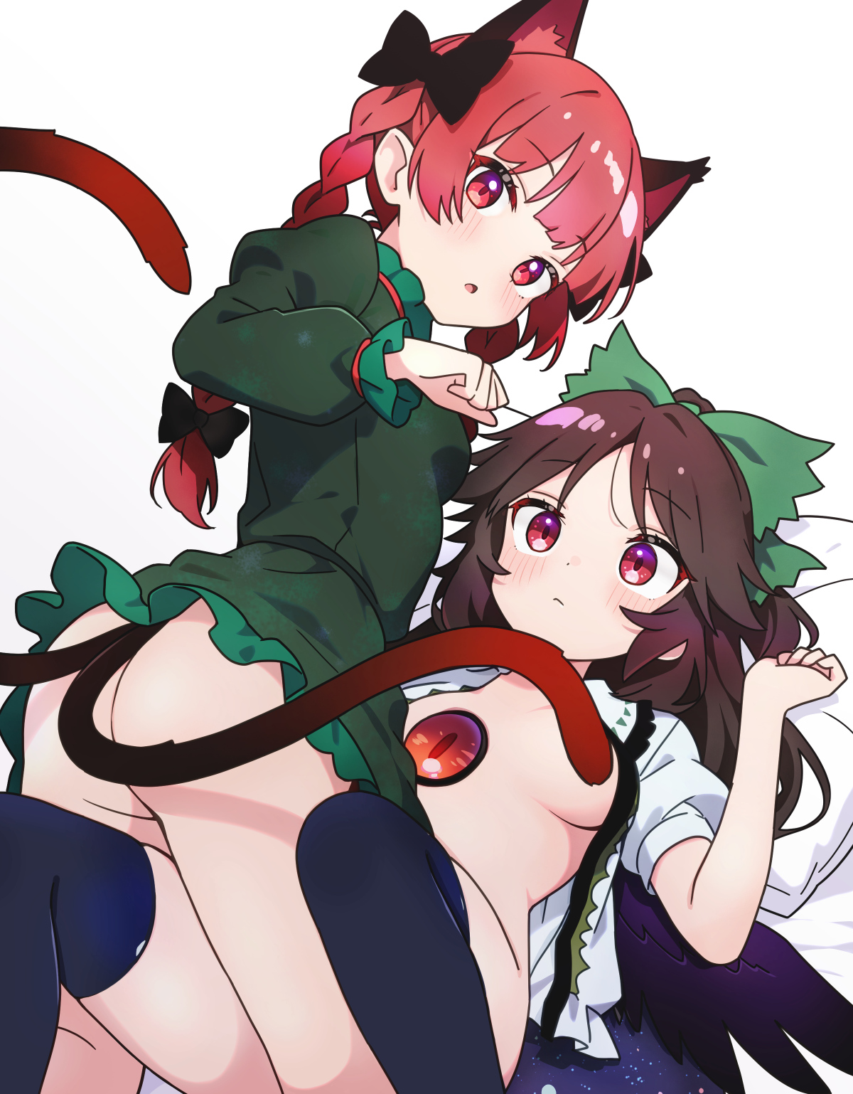 chikuzen1996, kaenbyou rin, reiuji utsuho, touhou, highres, 2girls, animal ears, ass, black thighhighs, black wings, bow, breasts, brown hair, cat ears, cat girl, cat tail, dress, green bow, green dress, hair bow, looking at viewer, medium breasts, multiple girls, multiple tails, no panties, open clothes, open shirt, red eyes, red hair, shirt, simple background, tail, thighhighs, third eye, third eye on chest, two tails, white background, white shirt, wings, yuri