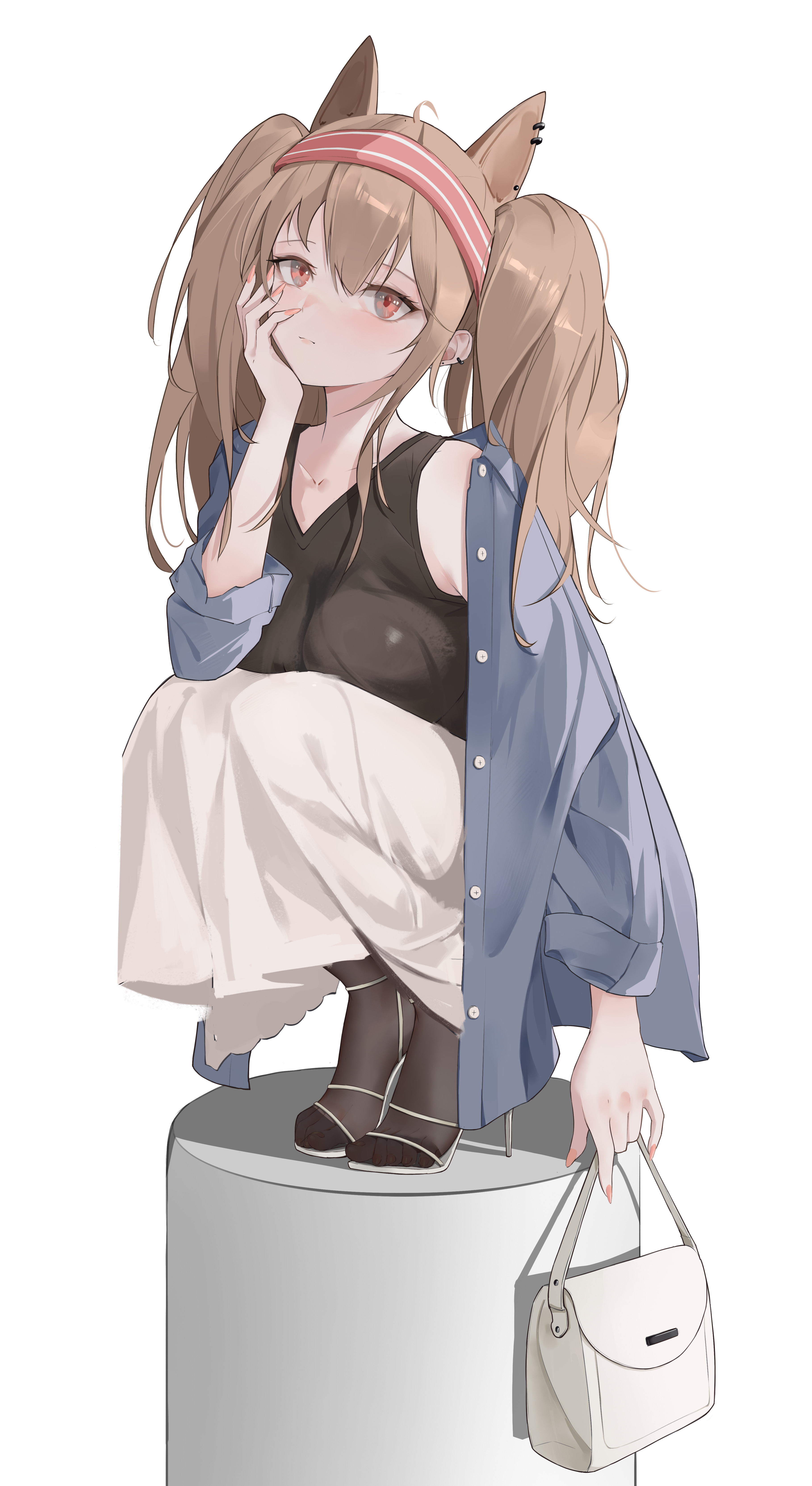 ningmeng chai, angelina (arknights), arknights, absurdres, highres, 1girl, ahoge, alternate breast size (larger), animal ears, bag, black pantyhose, black shirt, blue shirt, breasts, brown hair, collarbone, earrings, extra ears, fingernails, fox ears, fox girl, fox tail, full body, hairband, hand on own face, handbag, high heels, holding, holding bag, jewelry, large breasts, long hair, long skirt, long sleeves, looking at viewer, no tail, off shoulder, open clothes, open shirt, pantyhose, pedestal, pink nails, red eyes, red hairband, see-through pantyhose, shirt, shoes, simple background, skirt, solo, squatting, stiletto heels, striped clothes, striped hairband, tail, twintails, two-tone hairband, unbuttoned, white background, white bag, white shoes, white skirt