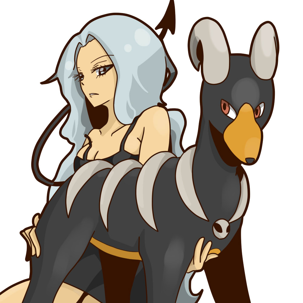 houndoom, karen (pokemon), nintendo, pokemon, bad id, bad pixiv id, 1girl, elite four, gen 2 pokemon, lingerie, long hair, nightgown, pokemon (creature), underwear, white hair
