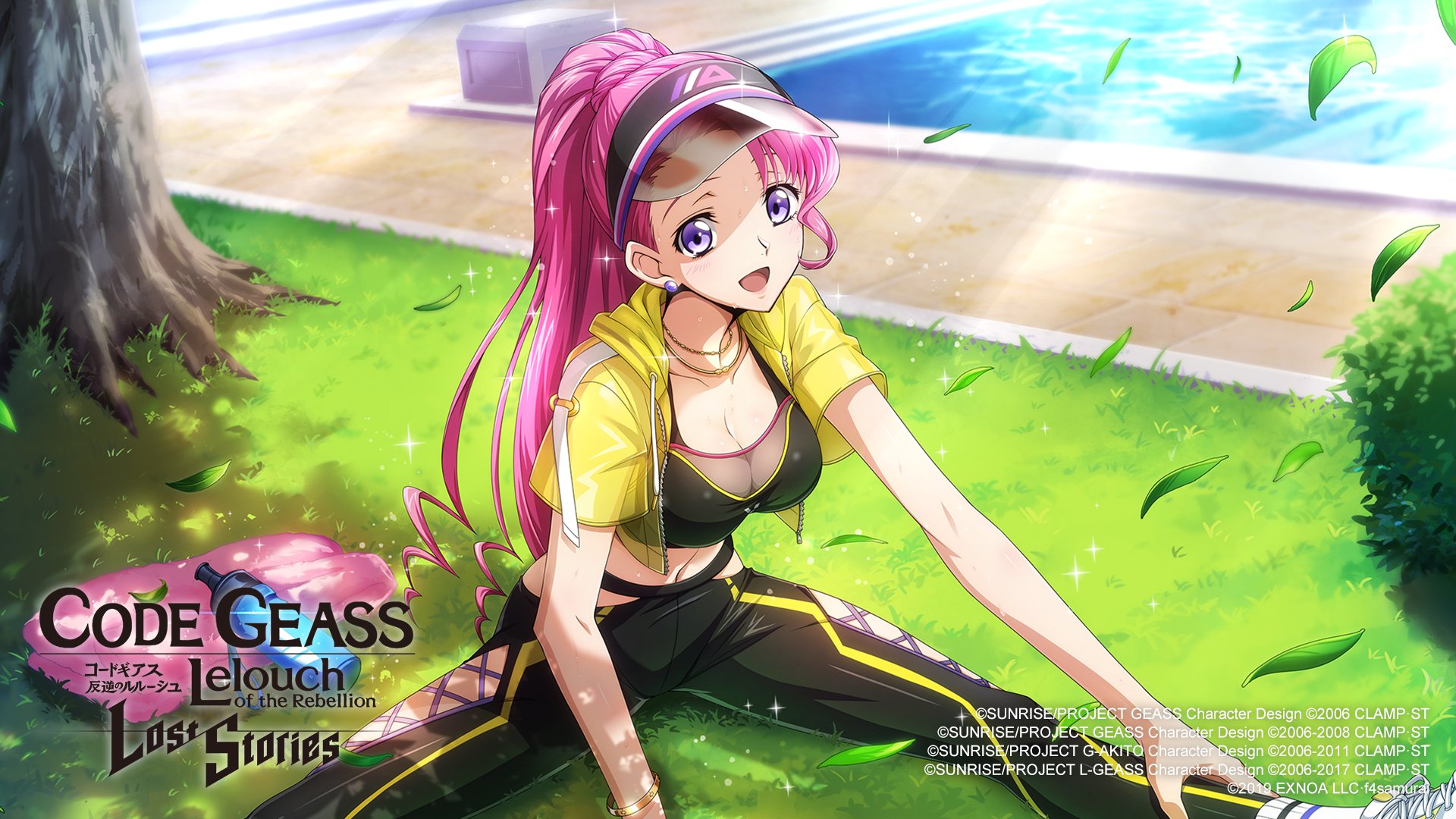 f4samurai, euphemia li britannia, code geass, code geass: lost stories, commentary request, highres, promotional art, 1girl, :d, black pants, breasts, cleavage, collarbone, copyright name, crop top, day, earrings, hood, hood down, hooded jacket, jacket, jewelry, large breasts, long hair, navel, necklace, open clothes, open jacket, open mouth, outdoors, pants, pink hair, ponytail, purple eyes, short sleeves, sitting, smile, solo, spread legs, stretching, sunlight, very long hair, visor cap, watermark, yellow jacket