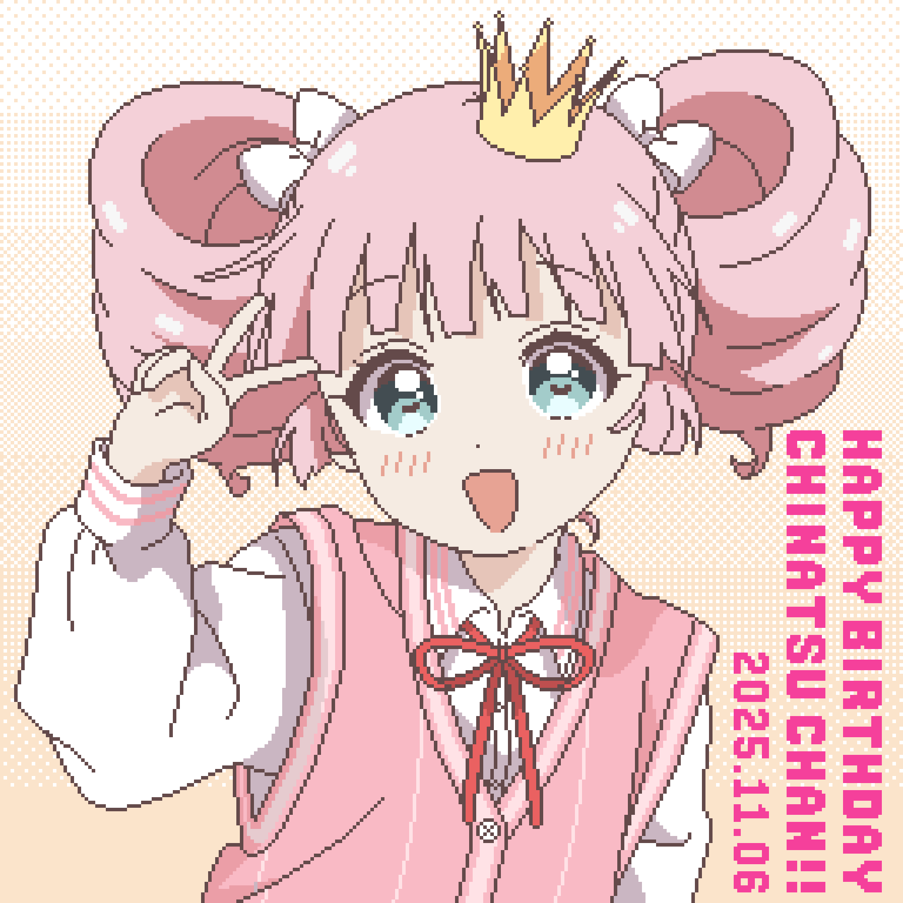 yoshikawa chinatsu, yuruyuri, commentary request, highres, 1girl, 2025, :d, alternate costume, anime coloring, aqua eyes, bow, buttons, collared shirt, hair bow, hair ornament, hand up, happy birthday, light blush, long sleeves, looking at viewer, namori (style), neck ribbon, open mouth, pink hair, pink sweater vest, pixel art, red ribbon, ribbon, shirt, short hair, smile, solo, sweater vest, twintails, upper body, v, white bow, yuru kaze