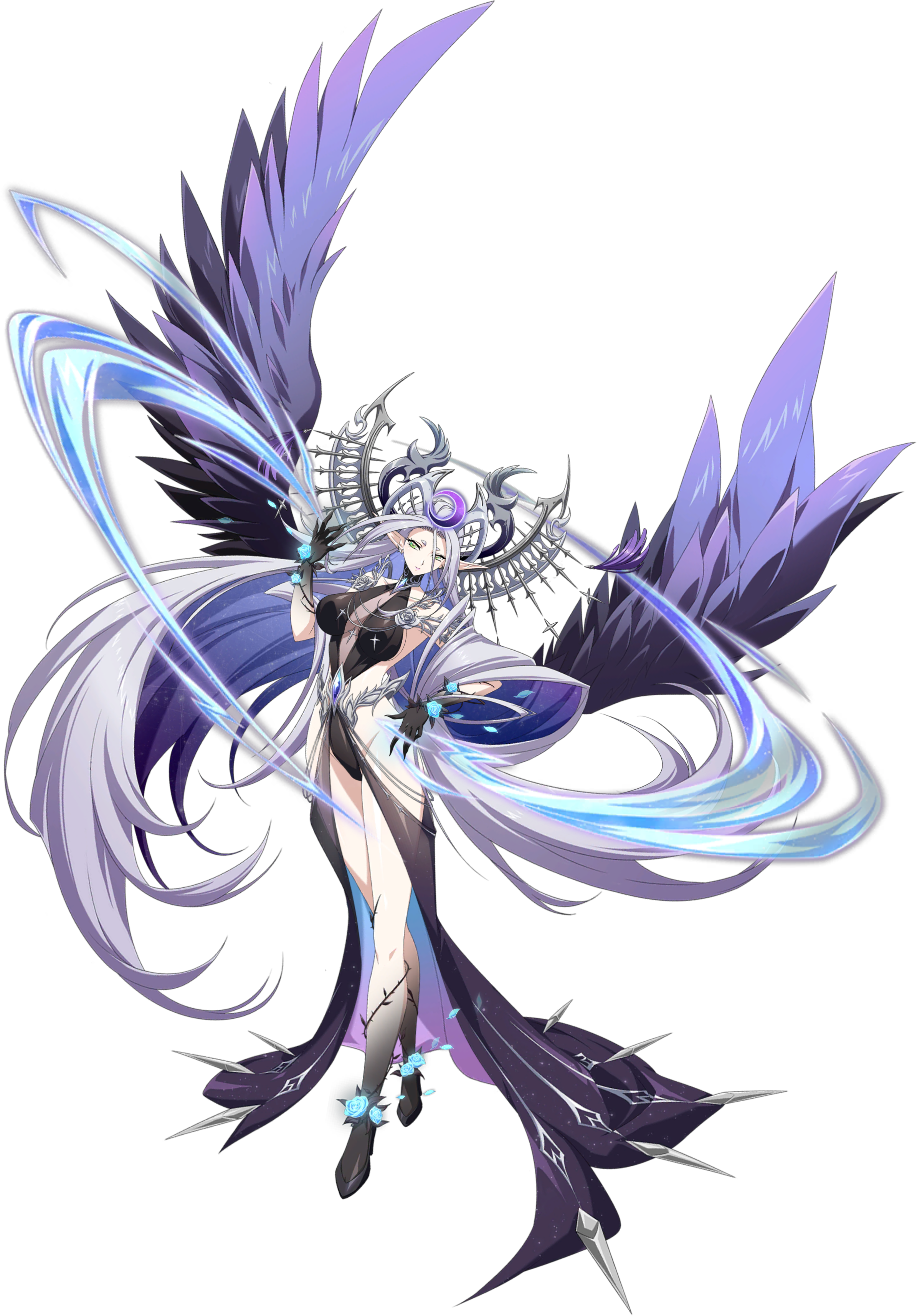 langrisser, langrisser mobile, absurdres, game cg, highres, official art, second-party source, 1girl, absurdly long hair, ankle flower, aura, bare shoulders, big hair, black gloves, black leotard, black shoes, black wings, blue flower, blue gemstone, blue hair, blue petals, blue rose, brambles, breasts, center opening, cleavage, closed mouth, crescent, crescent hair ornament, crescent moon, crossed legs, curtained hair, elf, energy, enya (langrisser), falling petals, feathered wings, floating hair, flower, full body, gem, gloves, green eyes, grey hair, hair ornament, hand on own hip, hand up, head tilt, headpiece, highleg, highleg leotard, jewelry, large breasts, legs, leotard, light frown, long bangs, long hair, long pointy ears, looking at viewer, magic, moon, multicolored hair, no bra, official alternate costume, parted bangs, petals, plant, pointy ears, revealing clothes, rose, rose petals, serious, shoes, short eyebrows, sideboob, sideless leotard, sideless outfit, simple background, sleeveless, solo, spread wings, standing, tachi-e, tassel, tassel hair ornament, taut leotard, thorns, train (clothing), transformation, transparent background, very long hair, vines, wings, wrist flower