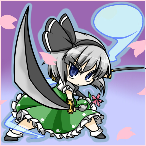 wabi (wbsk), wabi tsubaki, konpaku youmu, konpaku youmu (ghost), touhou, silver hair, 1girl, :<, blue eyes, cherry blossoms, chibi, dual wielding, female focus, ghost, hairband, hitodama, holding, katana, petals, short hair, solo, sword, weapon