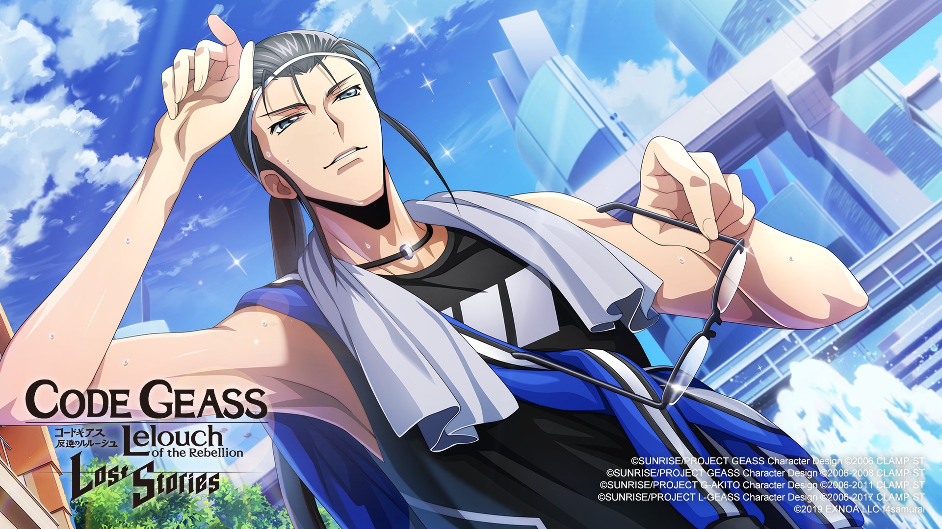 f4samurai, gilbert g.p. guilford, code geass, code geass: lost stories, commentary request, game cg, highres, official art, 1boy, arm up, armpits, bangs pinned back, bare shoulders, black-framed eyewear, black choker, black hair, black shirt, blue eyes, blue jacket, blue sky, building, choker, city, cloud, day, dutch angle, fountain, hairband, half-closed eyes, hand up, holding, holding removed eyewear, jacket, jacket over shoulder, long hair, looking afar, male focus, outdoors, parted lips, ponytail, semi-rimless eyewear, shiny skin, shirt, sky, skyscraper, sleeveless, sleeveless shirt, solo, sparkle, sportswear, standing, sweat, toned, toned male, towel, towel around neck, tree, unworn eyewear, unworn jacket, upper body, water, white hairband