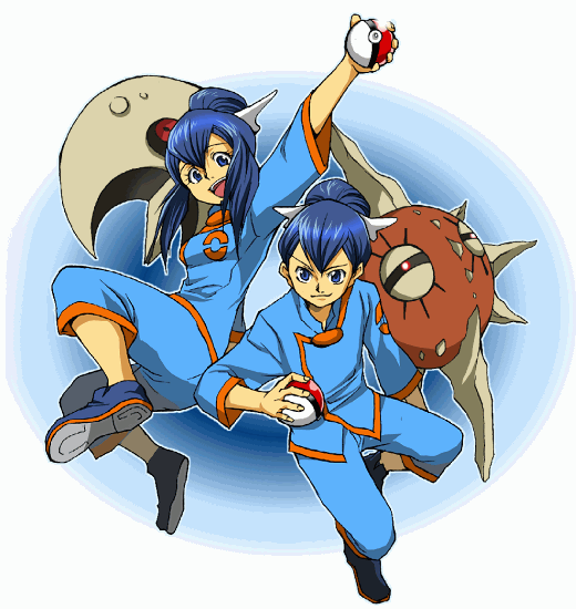 hirococo, liza (pokemon), lunatone, solrock, tate (pokemon), nintendo, pokemon, pokemon rse, bad id, bad pixiv id, 00s, 1boy, 1girl, blue hair, brother and sister, gen 3 pokemon, gym leader, poke ball, pokemon (creature), ponytail, siblings, twins