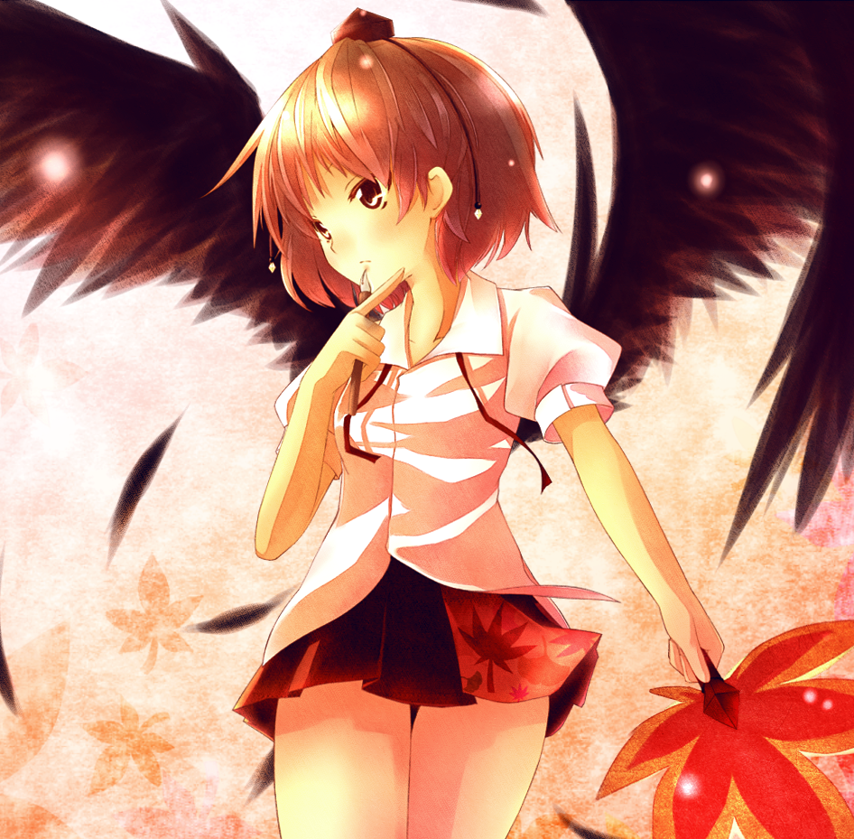 otogi kyouka, shameimaru aya, touhou, looking away, 1girl, black wings, brown eyes, brown hair, dress shirt, expressionless, feathers, female focus, hand fan, hat, nib pen (object), pen, red hair, shirt, short hair, skirt, solo, tokin hat, wings