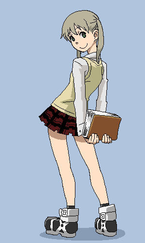 yuhiko, yuuya (yu-ya's), maka albarn, soul eater, bad id, bad pixiv id, lowres, 00s, 1girl, book, female focus, green eyes, legs, miniskirt, pixel art, plaid clothes, plaid skirt, skirt, solo
