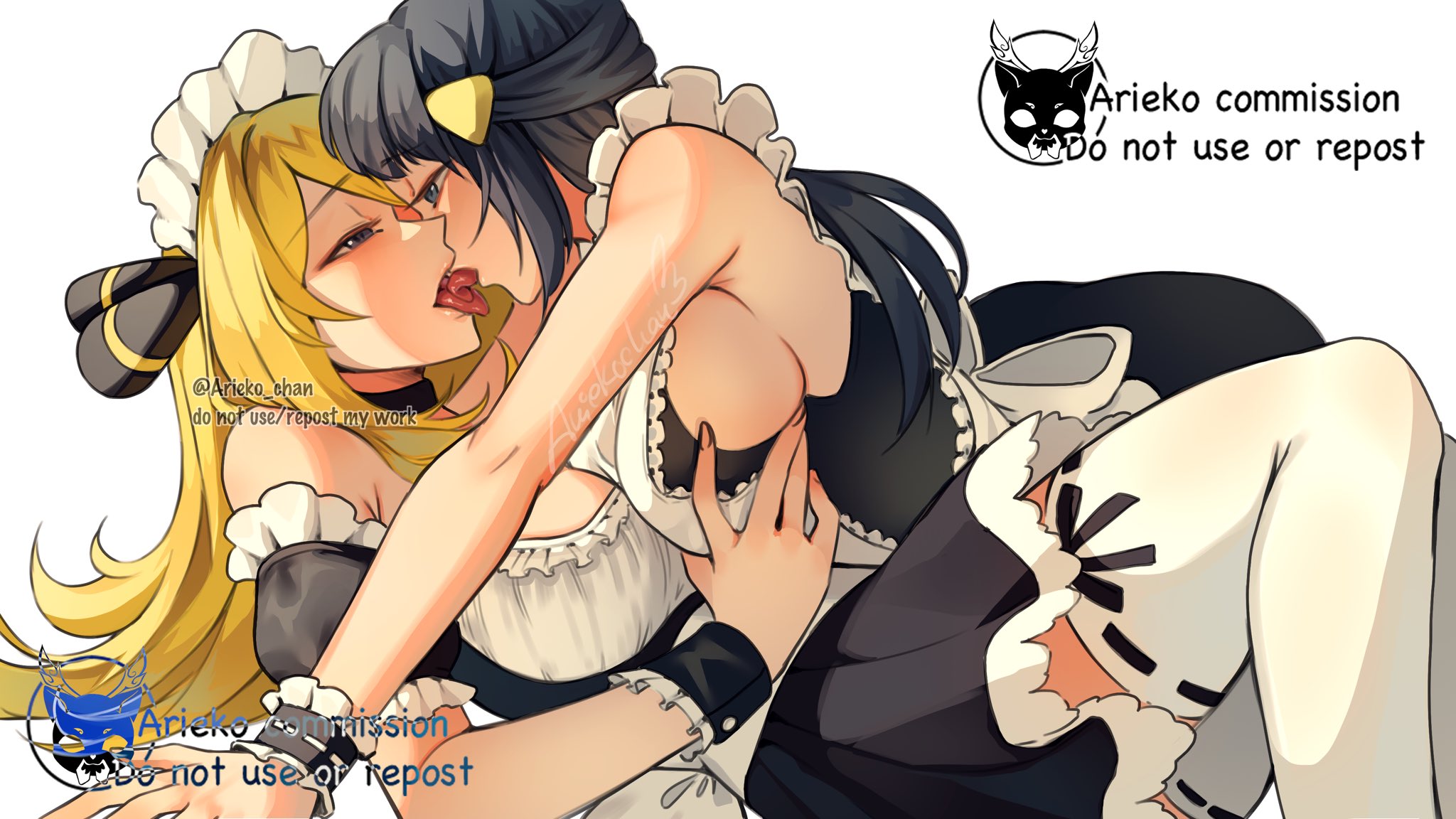 ariekochan, cynthia (pokemon), dawn (pokemon), nintendo, pokemon, pokemon dppt, highres, 2girls, apron, bare shoulders, black choker, black dress, black hair, blonde hair, blue eyes, blue hair, blush, breasts, choker, closed mouth, dress, eye contact, french kiss, grey eyes, hair ornament, hair over one eye, kiss, large breasts, long hair, looking at another, maid, maid apron, maid headdress, multiple girls, sleeveless, sleeveless dress, thighhighs, tongue, tongue out, very long hair, white apron, white headdress, white thighhighs, wrist cuffs, yuri