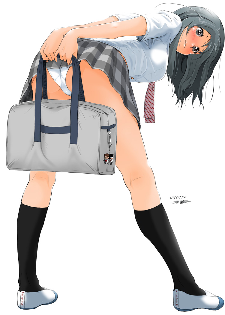 ryouzou, original, bookbag, silver hair, 1girl, arms behind back, ass, bag, bent over, black socks, blush, female focus, full body, grey eyes, kneehighs, long hair, looking back, necktie, panties, pantyshot, plaid clothes, plaid skirt, school bag, school uniform, shoes, shoulder bag, simple background, skirt, socks, solo, square-end necktie, standing, underwear, upskirt, uwabaki, white panties