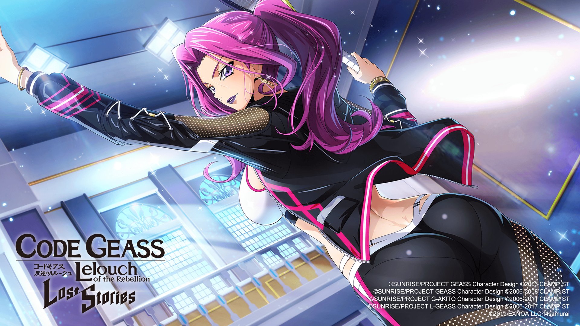 f4samurai, cornelia li britannia, code geass, code geass: lost stories, commentary, commentary request, english commentary, highres, official art, 1girl, arm up, ass, back, black jacket, black leggings, breasts, clothing cutout, cowboy shot, curtained hair, dimples of venus, dutch angle, earrings, forehead, from behind, hand up, happy, holding, holding tennis racket, indoors, jacket, jewelry, leggings, light particles, light rays, lipstick, long hair, long sleeves, looking at viewer, makeup, medium breasts, midriff, pantylines, parted lips, pink trim, playing sports, purple eyes, purple hair, purple lips, racket, railing, serving (sports), shiny clothes, sidelocks, smile, solo, sparkle, sports bra, sportswear, standing, sweat, teeth, tennis, tennis racket, white sports bra, window, zipper