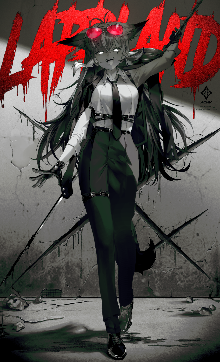 team.achv, lappland (arknights), arknights, commentary, english commentary, highres, 1girl, alternate costume, animal ear fluff, animal ears, artist name, aviator sunglasses, belt, blood, breasts, character name, collarbone, dress pants, dress shoes, fangs, gloves, glowing, glowing eyes, greyscale, hair between eyes, holding, holding sword, holding weapon, jacket, jacket on shoulders, limited palette, long hair, long sleeves, looking at viewer, medium breasts, monochrome, multiple belts, necktie, open mouth, red-tinted eyewear, rubble, scar, scar across eye, scar on face, scratches, shirt, sidelocks, signature, smile, solo, standing, suit jacket, sunglasses, sword, tail, tinted eyewear, tongue, weapon, weapon on back, white shirt, wolf ears, wolf girl, wolf tail