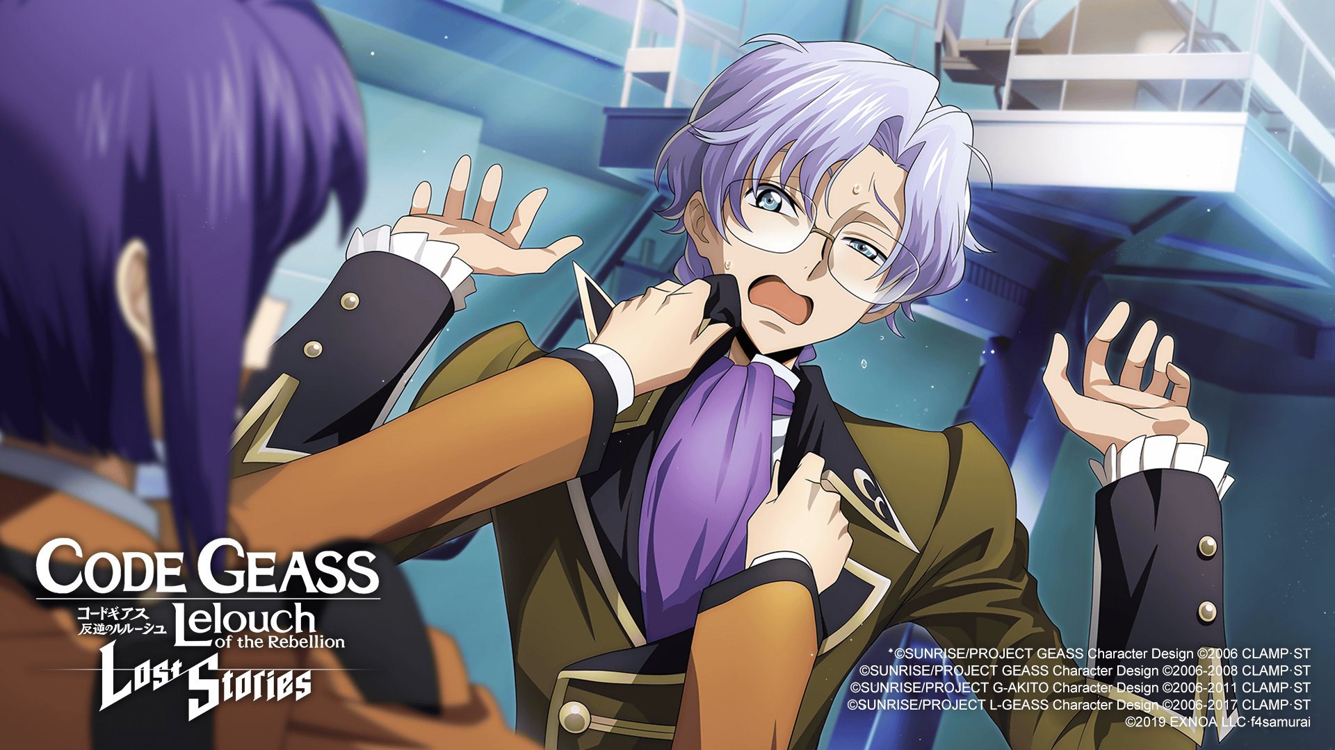 f4samurai, cecile croomy, lloyd asplund, code geass, code geass: lost stories, commentary, commentary request, english commentary, highres, official art, 1boy, 1girl, adjusting another's clothes, ascot, blue background, blue eyes, blue hair, blurry, blurry foreground, formal clothes, frilled jacket, frilled sleeves, frills, glasses, green jacket, hair intakes, half-closed eye, hands up, indoors, jacket, laboratory, long sleeves, looking at another, military uniform, nervous, open mouth, orange jacket, purple ascot, purple hair, railing, semi-rimless eyewear, shirt, short hair, sidelocks, standing, sweat, uneven eyes, upper body, white shirt